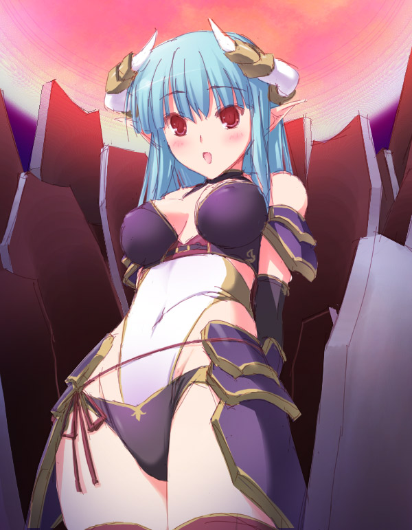 47agdragon, original, 1girl, blue hair, breasts, covered erect nipples, demon girl, elbow gloves, fantasy, female focus, gloves, horns, medium breasts, navel, pointy ears, red eyes, solo, thighhighs