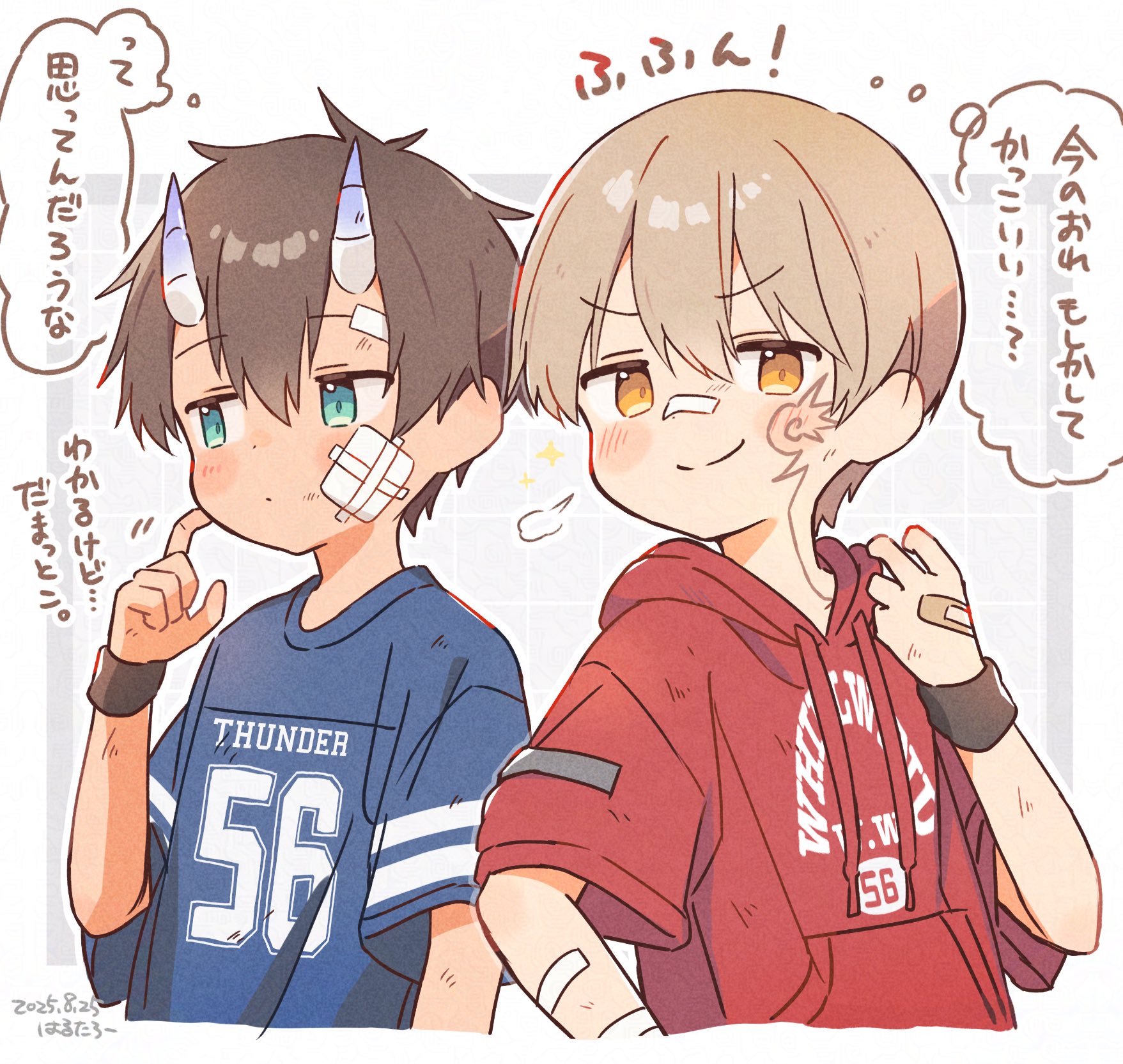far tarooo, original, highres, translation request, 2boys, aqua eyes, arm up, bandaid, bandaid on face, bandaid on hand, bandaid on nose, blue shirt, closed mouth, cropped torso, dai (far tarooo), dated, dot mouth, dot nose, double-parted bangs, drawstring, facial mark, hair between eyes, hood, hood down, hoodie, horizontal-striped sleeves, horns, jitome, looking to the side, male focus, motion lines, multiple boys, orange eyes, print hoodie, print shirt, puff of air, red hoodie, rotto (far tarooo), scratching cheek, shirt, short sleeves, sparkle, speech bubble, striped clothes, striped sleeves, t-shirt, thought bubble, white horns, wristband
