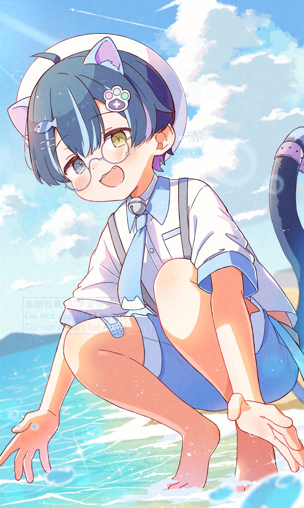 far tarooo, original, commentary request, commission, highres, skeb commission, 1boy, animal ears, bandaid, bandaid on leg, barefoot, bell, blue collar, blue eyes, blue hair, blue necktie, blue shorts, blunt ends, blush, breast pocket, cat boy, cat ears, cat tail, cloud, collar, contrail, double-parted bangs, fang, fish hair ornament, hair between eyes, hair ornament, heterochromia, light rays, looking at viewer, male focus, mountain, neck bell, necktie, open mouth, outdoors, pocket, rimless eyewear, round eyewear, shirt, short hair, shorts, sky, solo, sparkle, sunbeam, sunlight, suspenders, tail, water, white shirt, wing collar, yellow eyes