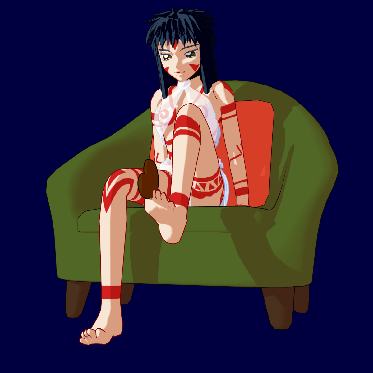 shimabara yuuhi, neo ranga, highres, 1990s (style), 1girl, 3d, barefoot, bodypaint, feet, soles, solo, spread toes, toe grab, toes