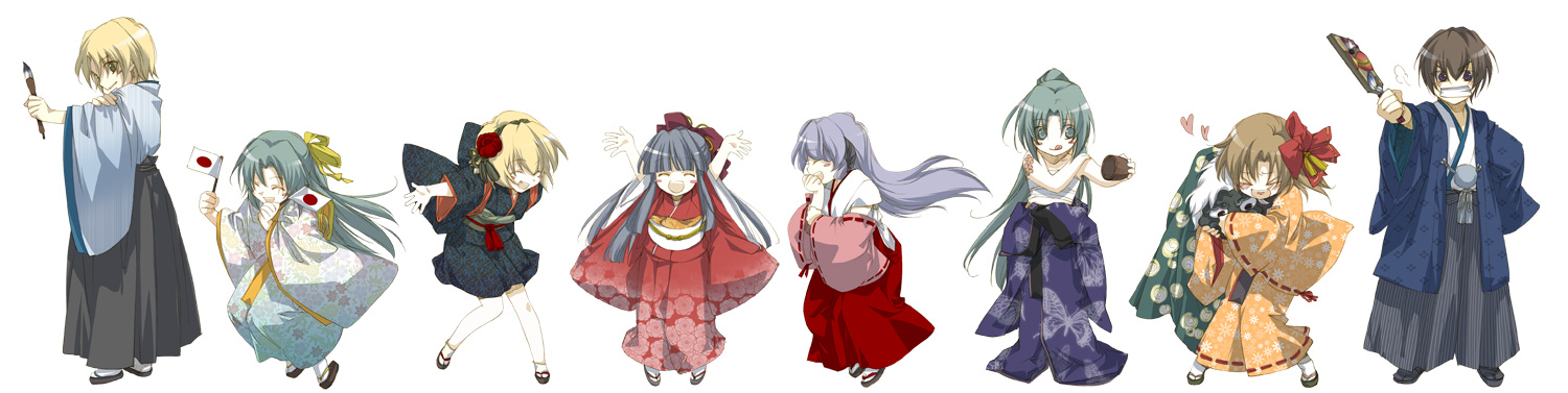 massun, furude rika, hanyuu, houjou satoko, houjou satoshi, maebara keiichi, ryuuguu rena, sonozaki mion, sonozaki shion, higurashi no naku koro ni, long image, wide image, 00s, 2boys, 6+girls, alternate costume, blonde hair, everyone, festival, half updo, japanese clothes, multiple boys, multiple girls, siblings, sisters, take it home, twins