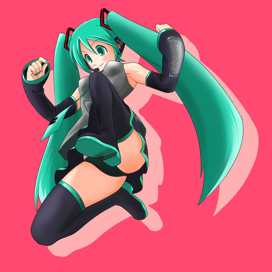 hatsune miku, vocaloid, vocaloid2, blush, elbow gloves, gloves, long hair, necktie, panties, skirt, thighhighs, twintails, underwear