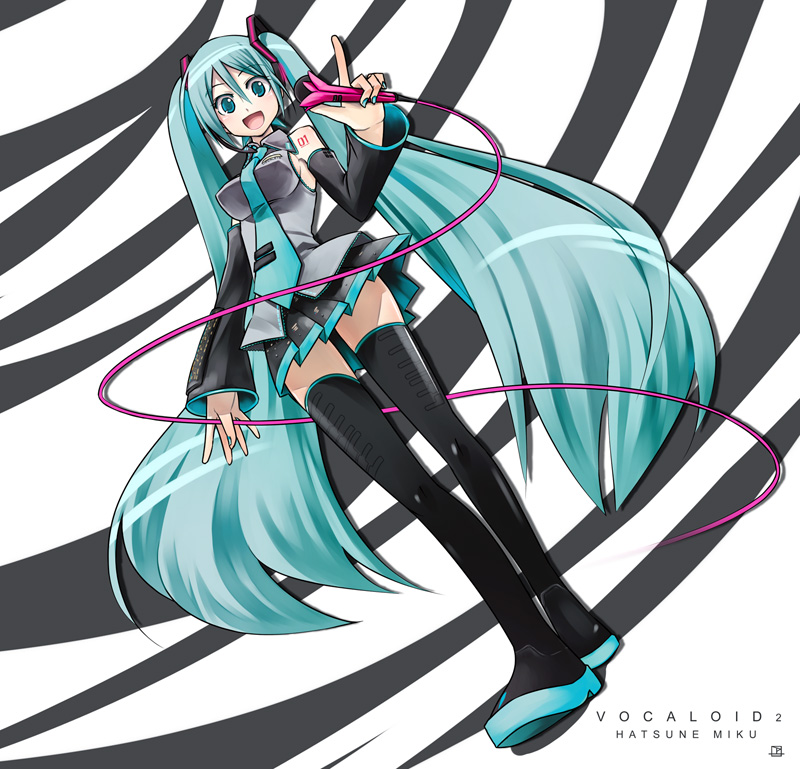 weshika, hatsune miku, vocaloid, vocaloid2, 1girl, aqua hair, aqua necktie, black thighhighs, blouse, blush, boots, breasts, character name, collared shirt, copyright name, detached sleeves, elbow gloves, eyelashes, female focus, from below, full body, gloves, grey shirt, hair between eyes, headset, legs, long hair, microphone, necktie, shirt, skirt, sleeveless, sleeveless shirt, solo, thigh boots, thighhighs, twintails, very long hair, white background, zettai ryouiki