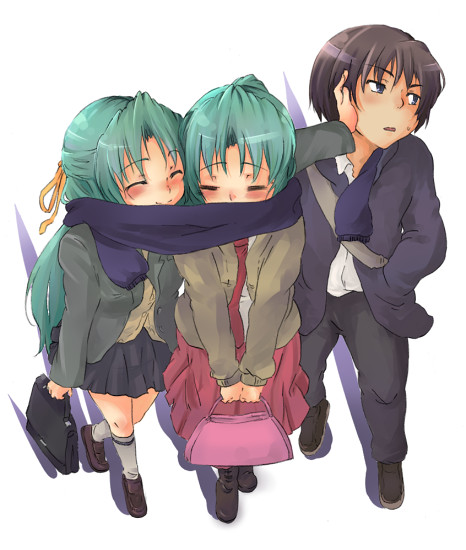hatamichi mihiro, maebara keiichi, sonozaki mion, sonozaki shion, higurashi no naku koro ni, 00s, 1boy, 2girls, blush, closed eyes, green hair, half updo, long hair, multiple girls, scarf, shared clothes, shared scarf, siblings, sisters, smile, twins