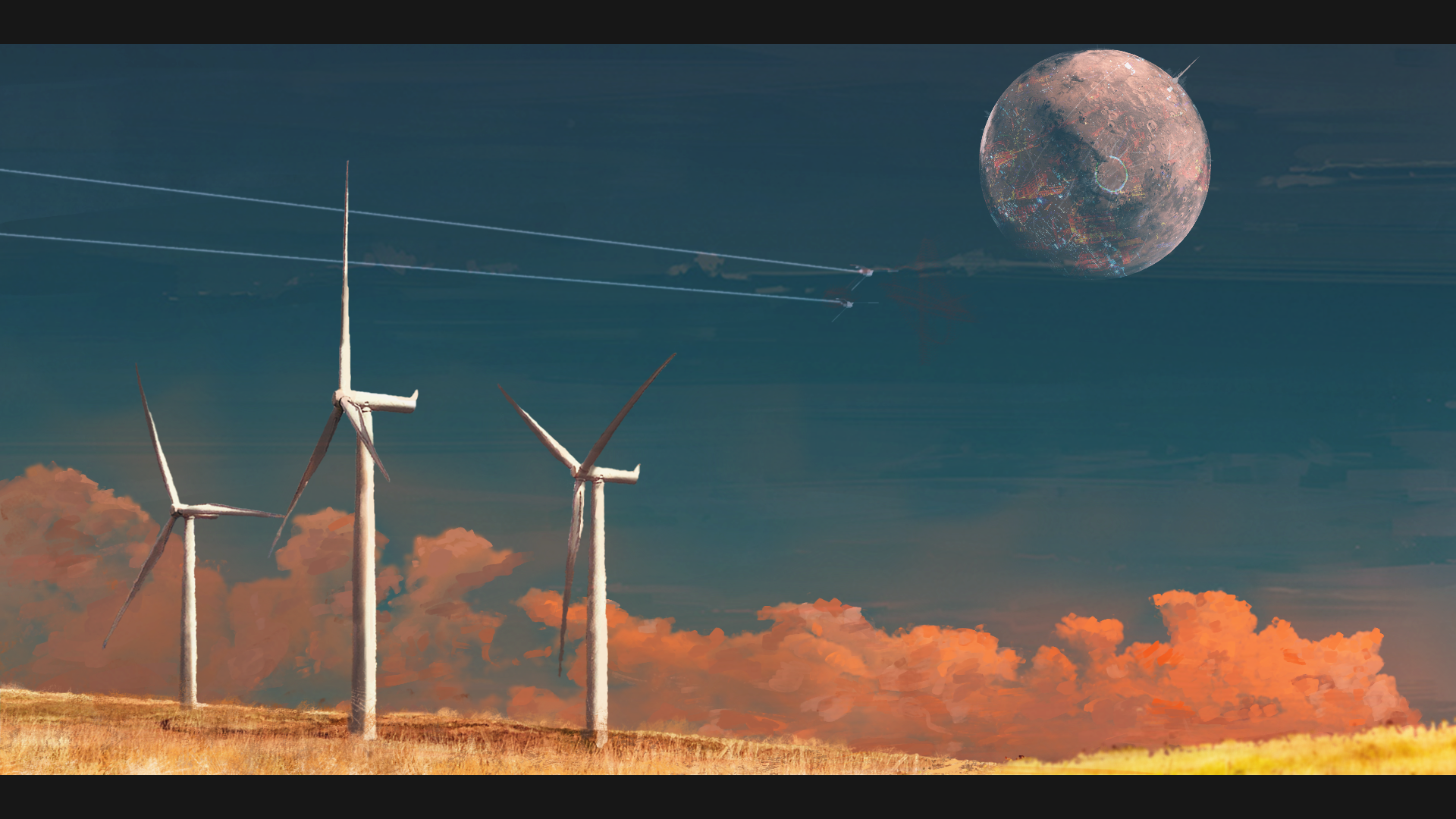 kinoko no sato, original, commentary, english commentary, highres, aircraft, blue sky, contrail, day, field, letterboxed, moon, no humans, orange clouds, outdoors, scenery, science fiction, sky, wind turbine, windmill