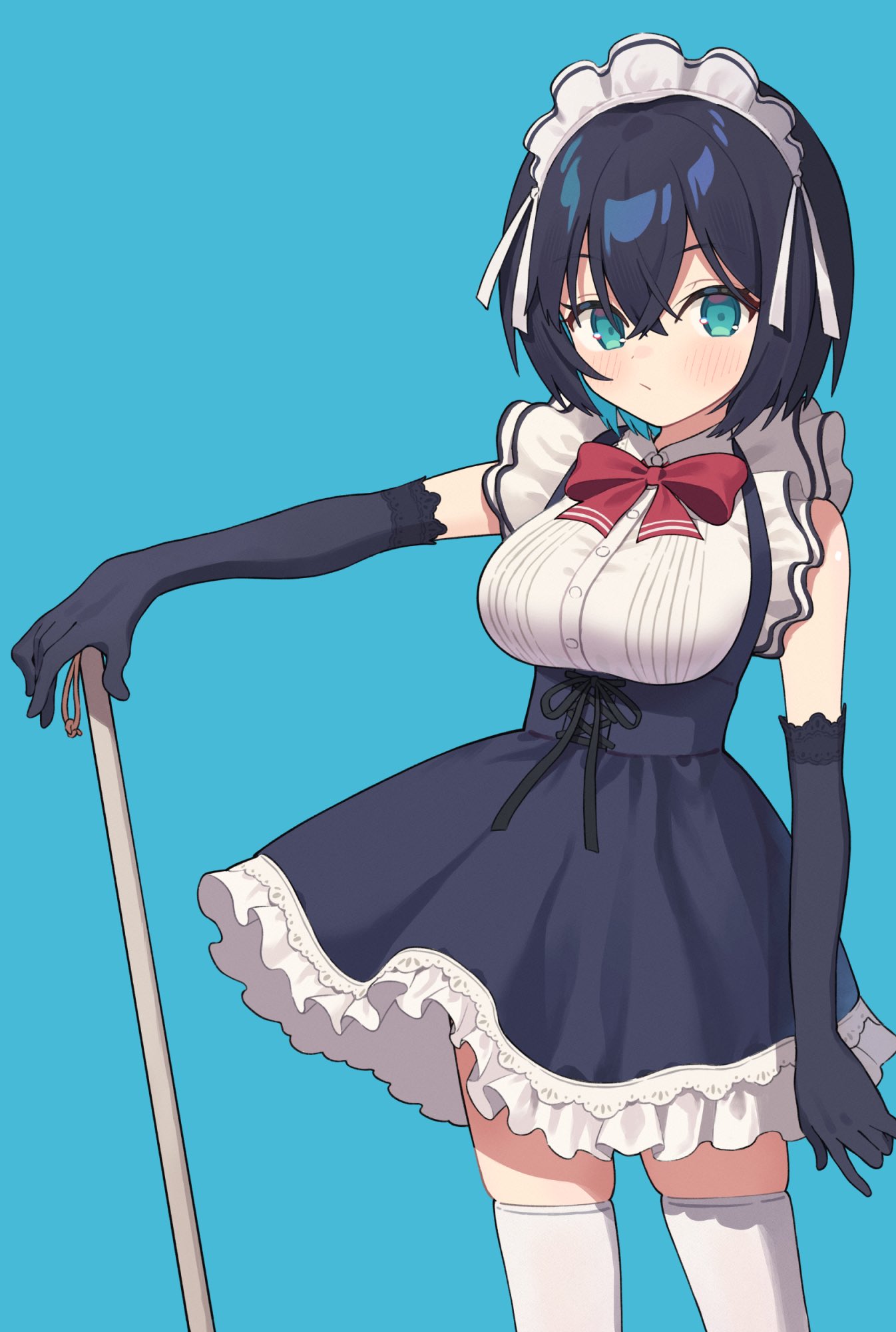 nirareba, original, commentary request, highres, 1girl, black gloves, black hair, black skirt, blue background, blue hair, blush, bow, breasts, closed mouth, collared shirt, dress shirt, elbow gloves, frilled skirt, frills, gloves, green eyes, hair between eyes, high-waist skirt, large breasts, looking at viewer, maid, maid headdress, multicolored hair, red bow, shirt, simple background, skindentation, skirt, sleeveless, sleeveless shirt, solo, standing, thighhighs, two-tone hair, white shirt, white thighhighs