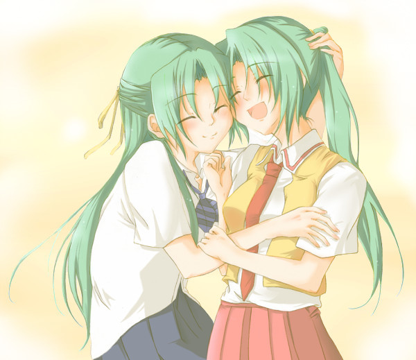 hatamichi mihiro, sonozaki mion, sonozaki shion, higurashi no naku koro ni, 00s, 2girls, closed eyes, green hair, half updo, hug, laughing, long hair, multiple girls, necktie, ponytail, school uniform, serafuku, siblings, sisters, smile, twins