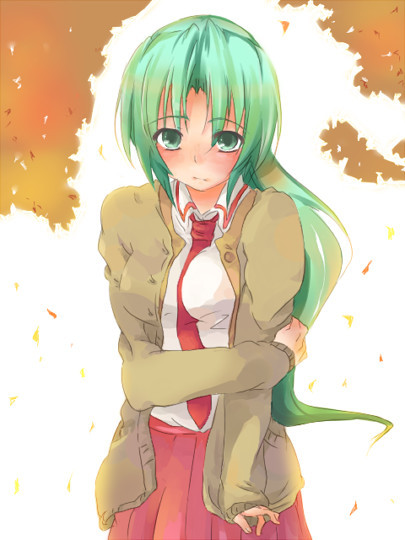 hatamichi mihiro, sonozaki mion, higurashi no naku koro ni, 00s, 1girl, blush, female focus, green eyes, green hair, jacket, long hair, matching hair/eyes, necktie, red necktie, school uniform, serafuku, skirt, solo