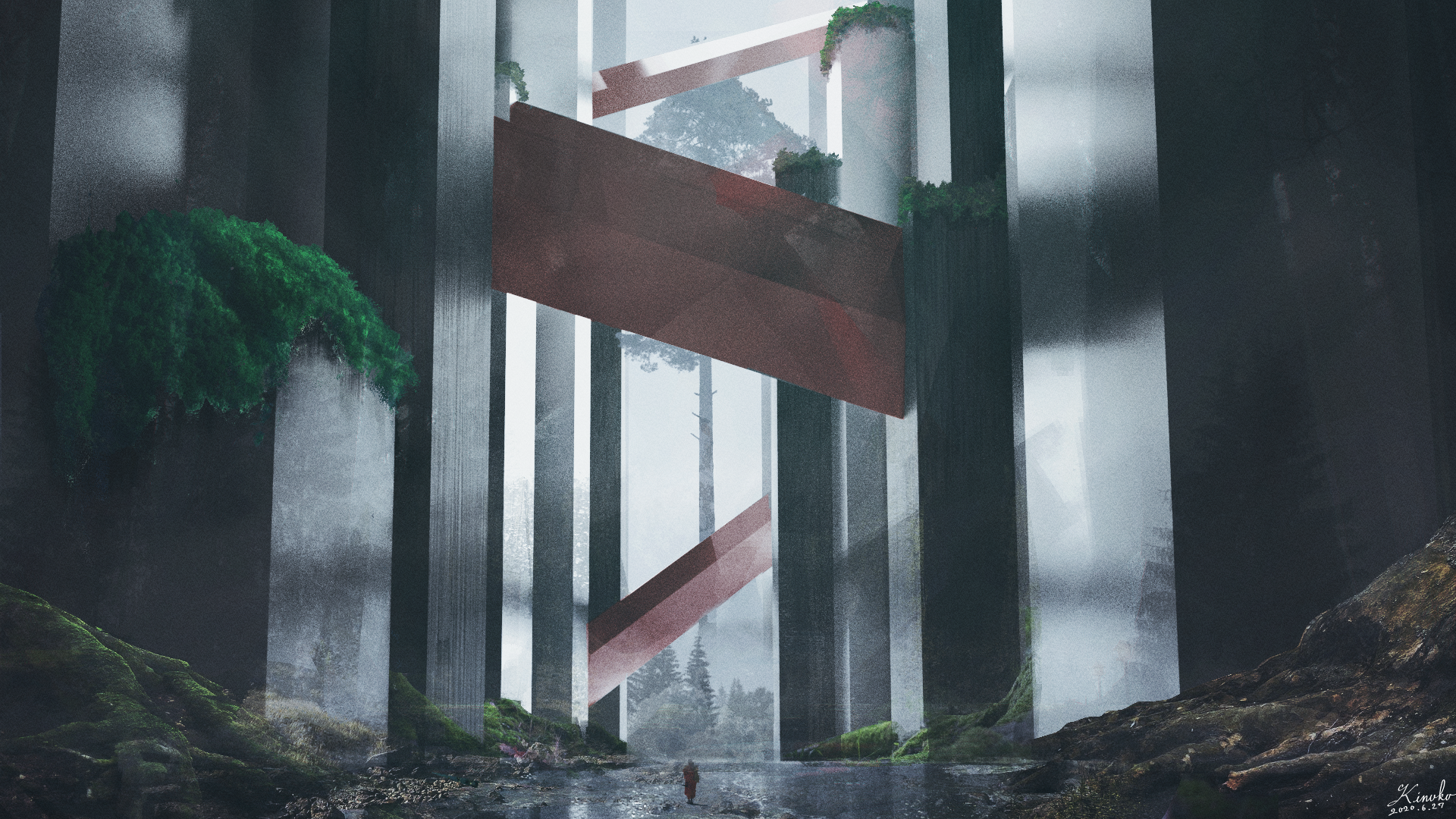 kinoko no sato, original, commentary request, highres, 1other, ambiguous gender, artist name, dated, day, fir tree, grey sky, monolith (object), moss, outdoors, river, scenery, signature, sky, standing, tree, very wide shot, water