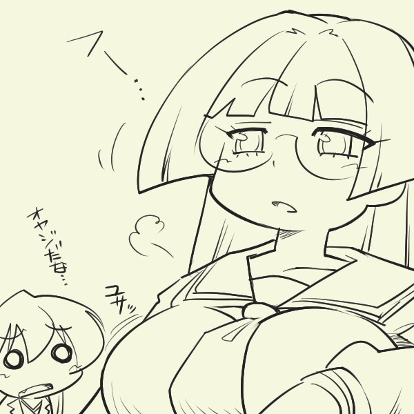 hairu, rebecca miyamoto, tachibana rei, pani poni dash!, 00s, 2girls, breasts, fang, glasses, large breasts, monochrome, multiple girls, o o, open mouth, sigh, yellow theme