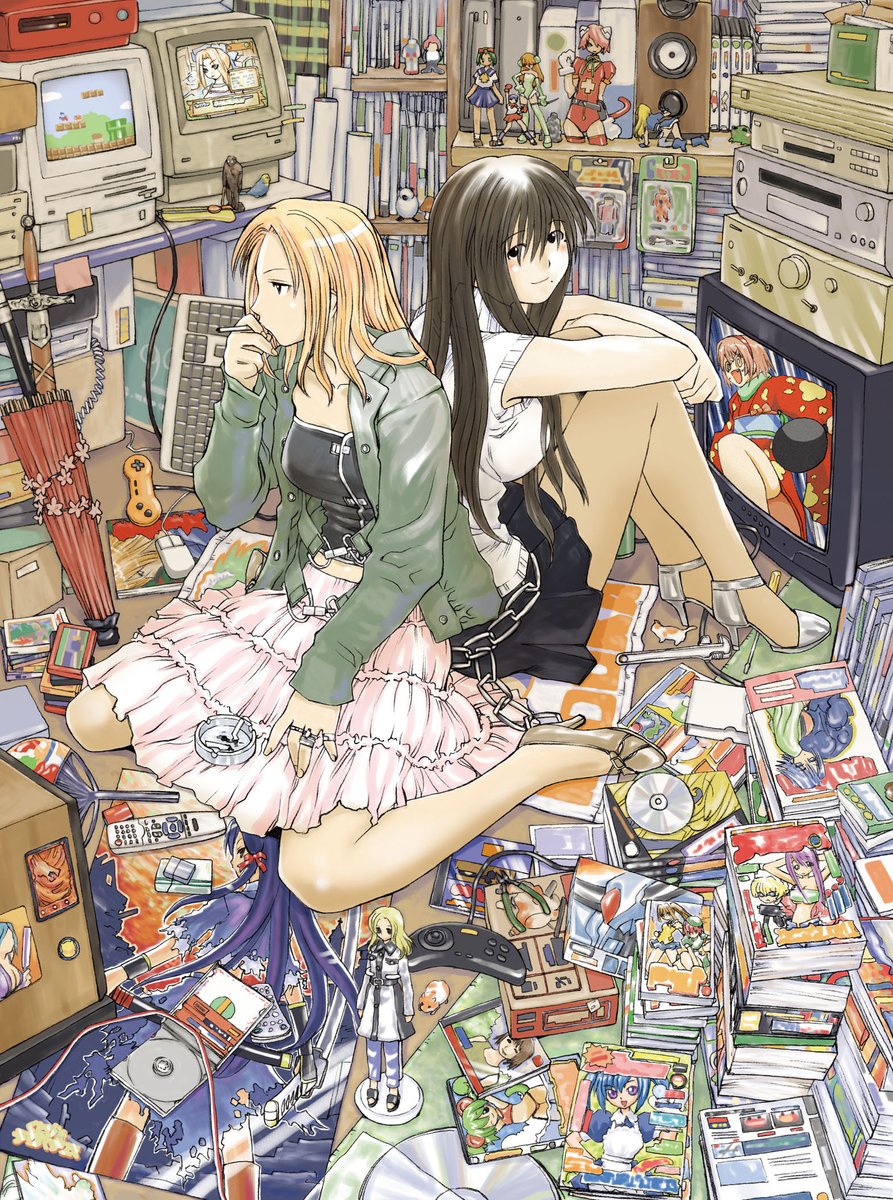 kio shimoku, asagiri komaki, kasukabe saki, genshiken, kujibiki unbalance, mario (series), nintendo, super mario bros. 1, highres, 2girls, absurdly detailed composition, ashtray, back-to-back, black hair, black skirt, black tube top, blonde hair, book, bookshelf, cd case, cigarette, computer, computer mouse, controller, figure, full body, green jacket, high heels, hugging own legs, indoors, jacket, loaded interior, long hair, looking at viewer, manga (object), messy room, mole, mole under mouth, multiple girls, ohno kanako, otaku room, pink skirt, poster (object), shelf, sitting, skirt, sleeveless, sleeveless sweater, sleeveless turtleneck, smile, smoking, stereo, strapless, sweater, sword, television, toy, tube top, turtleneck, umbrella, wariza, weapon, white sweater