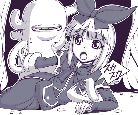 caryo, coopa, roper, druaga no tou, 1girl, bow, monochrome, monster, ribbon, tentacles