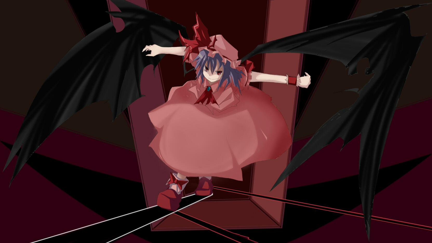 hono (whitesnow), whitesnow, remilia scarlet, touhou, highres, 1girl, blue hair, female focus, hat, red eyes, ribbon, solo, wings