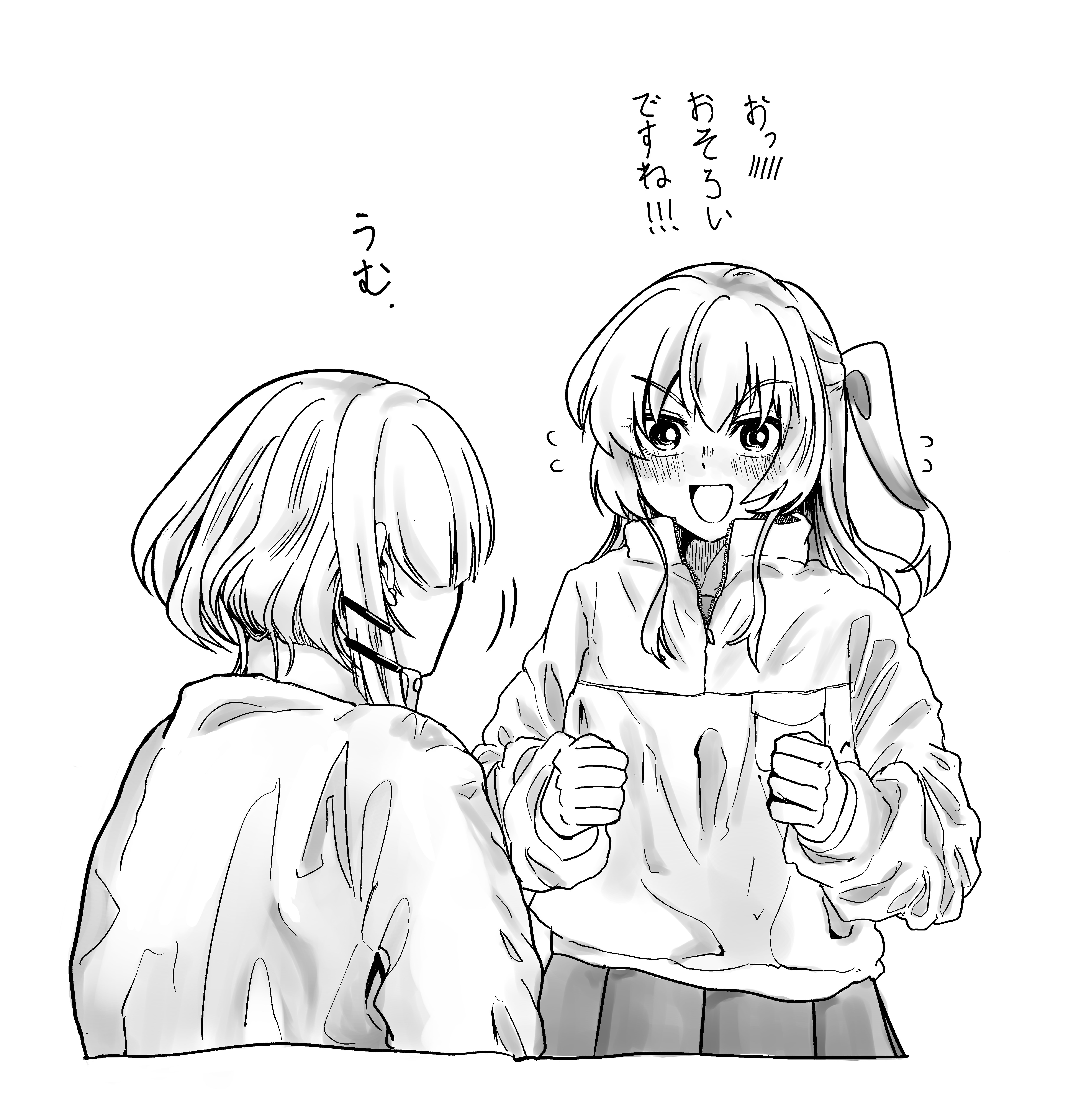 urouchi, kita ikuyo, yamada ryo, bocchi the rock!, absurdres, highres, translation request, !, !!, 2girls, blush, hair ornament, hair ribbon, jacket, looking at another, monochrome, multiple girls, open mouth, ribbon, ryo/kita, shirt, short hair, skirt, smile, sweatdrop, wrinkled fabric