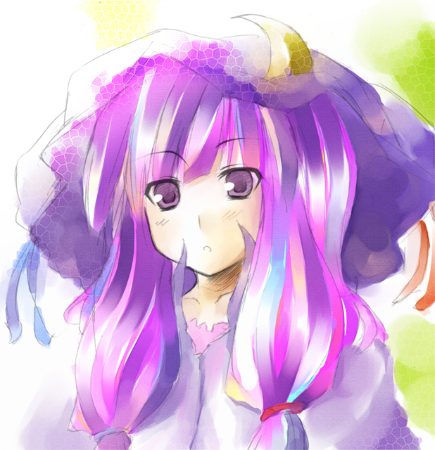teru teru, patchouli knowledge, touhou, eyebrows, bad id, bad pixiv id, 1girl, crescent, crescent hair ornament, female focus, hair ornament, hat, long hair, moon, open mouth, portrait, purple eyes, purple hair, ribbon, solo