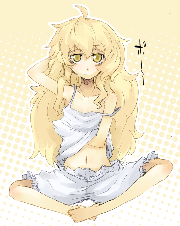 ofuro mantarou, kirisame marisa, touhou, bad id, bad pixiv id, 1girl, ahoge, armpits, barefoot, blonde hair, bloomers, female focus, flat chest, full body, halftone, halftone background, lingerie, long hair, messy hair, midriff, navel, scratching, sitting, sketch, solo, strap slip, underwear, white background, white bloomers, yellow eyes