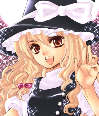 jimadita, jimadita (pixiv), kirisame marisa, touhou, lowres, 1girl, blonde hair, female focus, hat, long hair, open mouth, ribbon, smile, solo
