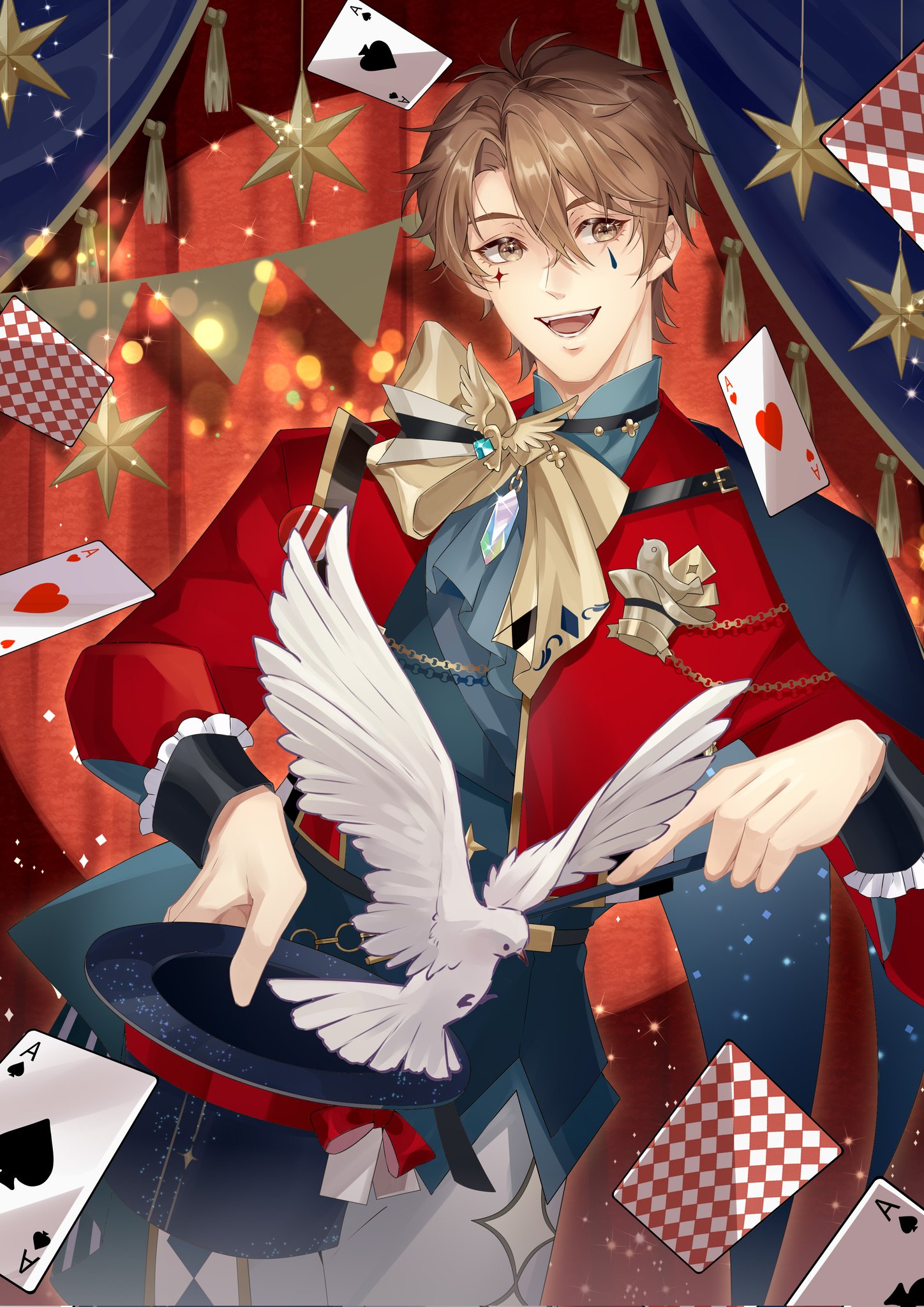 xun1948637, eiden (nu carnival), nu carnival, highres, 1boy, ace (playing card), ace of hearts, ace of spades, bird, blurry, bokeh, bow, brown eyes, brown hair, cape, card, cowboy shot, curtains, depth of field, dove, facing viewer, floating card, hair between eyes, heart, high collar, holding, holding wand, jacket, light particles, long sleeves, looking to the side, magician, male focus, open clothes, open jacket, open mouth, playing card, red jacket, smile, solo, spade (shape), stage curtains, teardrop facial mark, wand, white bird, yellow bow