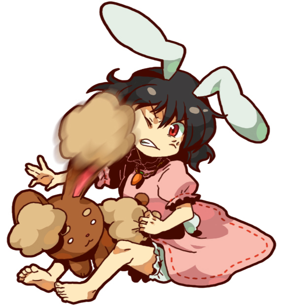 enu (spinal), buneary, inaba tewi, nintendo, pokemon, touhou, bad id, bad pixiv id, 1girl, animal ears, barefoot, black hair, carrot, carrot necklace, clenched teeth, crossover, face punch, feet, full body, gen 4 pokemon, in the face, jewelry, necklace, pendant, pokemon (creature), punching, rabbit ears, red eyes, short hair, simple background, stuffed animal, stuffed toy, teddy bear, teeth, white background