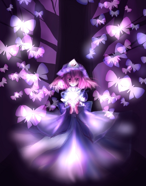 kohinata raichi, saigyouji yuyuko, touhou, bad id, bad pixiv id, 1girl, bug, butterfly, female focus, hat, japanese clothes, kimono, purple hair, ribbon, short hair, solo