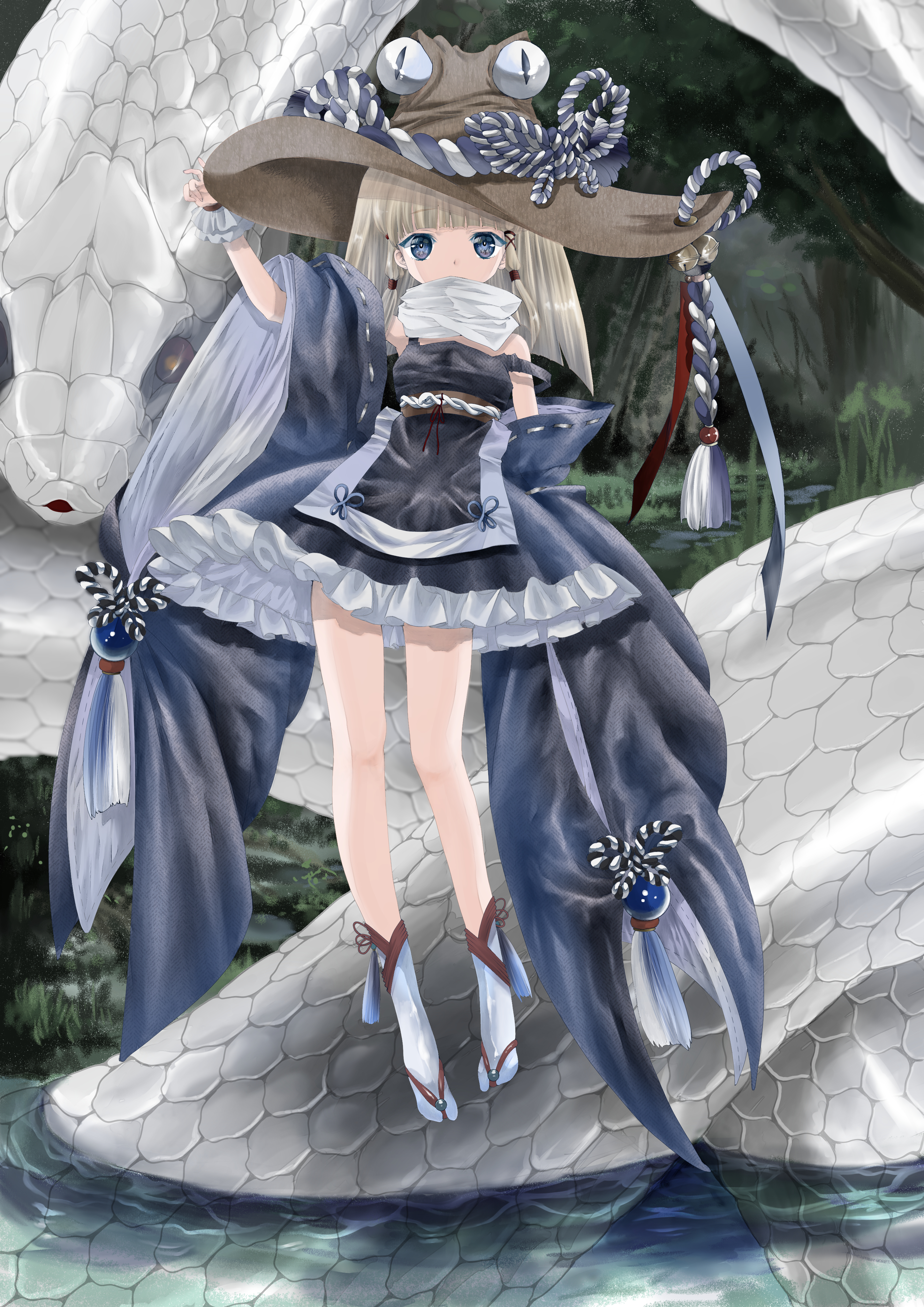 mishaguji, moriya suwako, pyonta, touhou, absurdres, commentary request, highres, 1girl, animal, apron, blonde hair, blue apron, blue eyes, blue gemstone, blue ribbon, blue skirt, blue sleeves, blue socks, brown hat, covered mouth, detached sleeves, floating, foliage, forest, frilled skirt, frilled wrist cuffs, frills, full body, gem, giant snake, grass, hair ribbon, hand up, hat, hat bell, hat tassel, long hair, looking at viewer, miniskirt, nature, oversized animal, red ribbon, ribbon, ripples, rope, scarf, shimenawa, sidelocks, skirt, slit pupils, snake, socks, solo, strap slip, thighs, water, white scarf, white snake, wrist cuffs, zuoteng15600