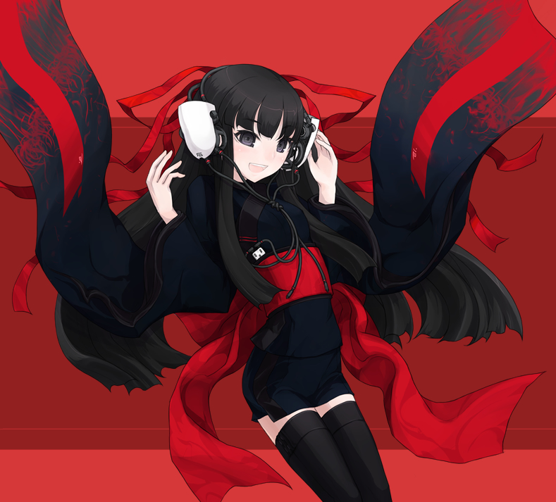 kazuoki, black eyes, black hair, headphones, japanese clothes, kimono, long hair, short kimono, solo, thighhighs, zettai ryouiki