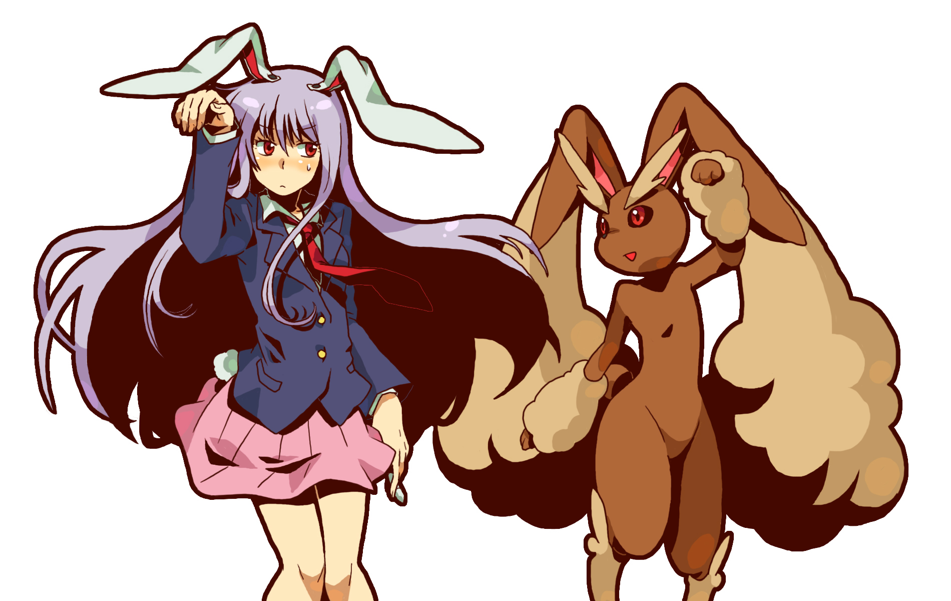 enu (spinal), lopunny, reisen udongein inaba, nintendo, pokemon, touhou, bad id, bad pixiv id, highres, 1girl, animal ears, black sclera, colored sclera, crossover, gen 4 pokemon, imitating, necktie, pokemon (creature), purple hair, rabbit ears, red eyes, red necktie, simple background, skirt, sweatdrop, white background