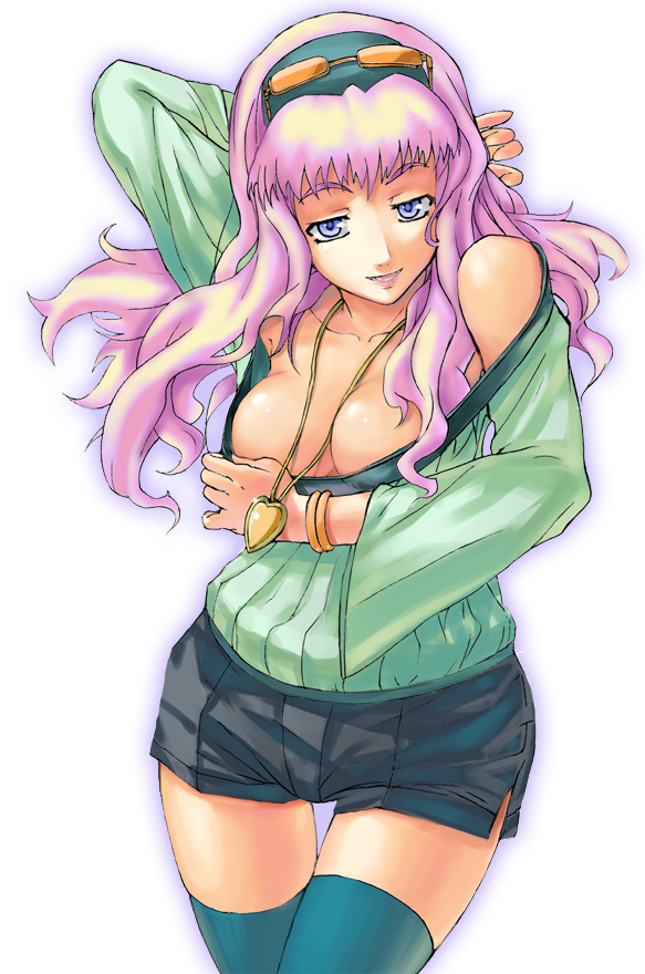 fura, niimori hiroshi, sheryl nome, macross, macross frontier, 00s, 1girl, blue eyes, breasts, cleavage, clothes pull, female focus, hairband, jewelry, large breasts, long hair, necklace, pink hair, shirt pull, shorts, smile, solo, sunglasses, sunglasses on head, thighhighs, zettai ryouiki