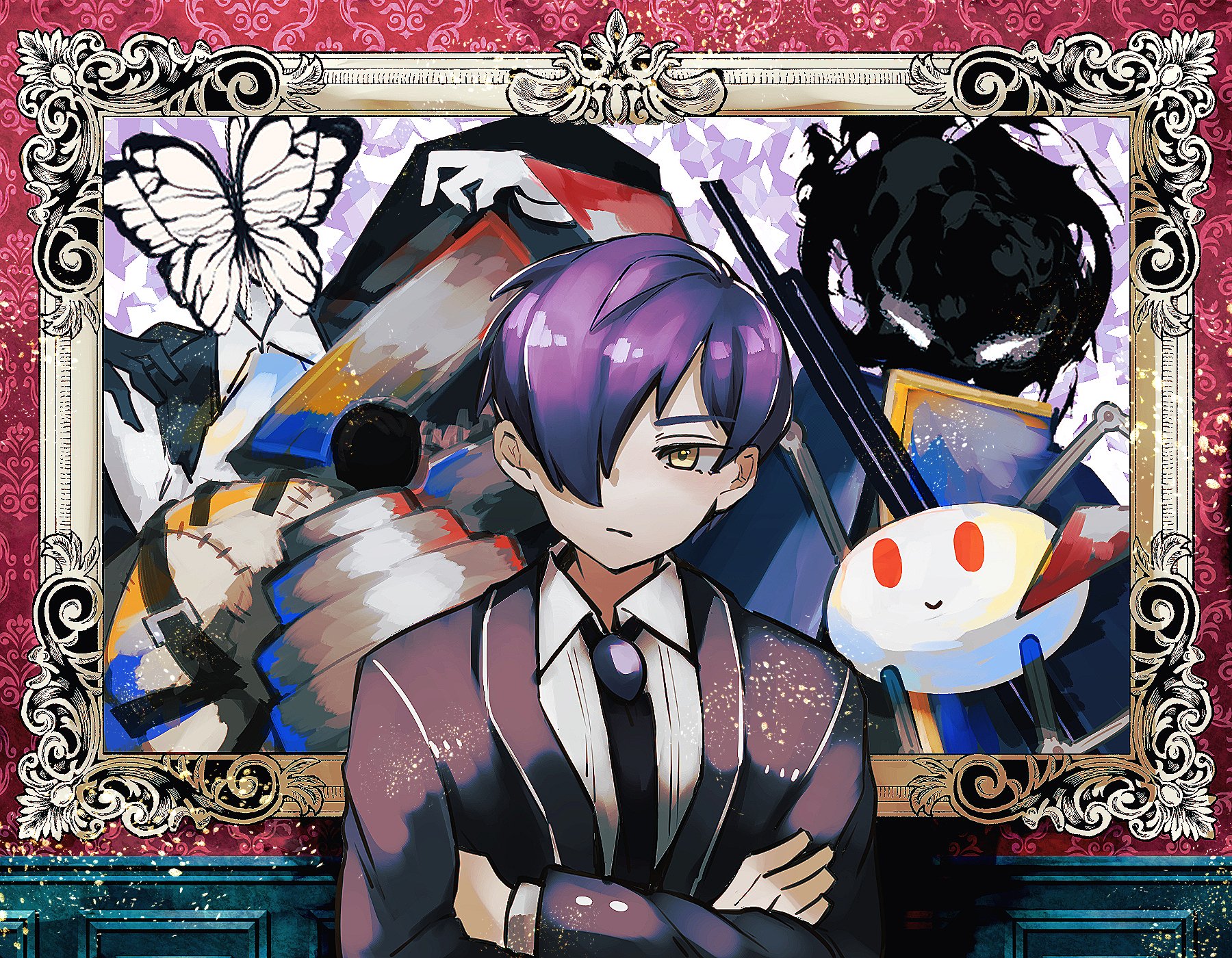 nakame77, all-around helper, der freischuetz (project moon), funeral of the dead butterflies, singing machine, yesod (project moon), library of ruina, project moon, highres, 1boy, black necktie, blue cloak, border, bug, butterfly, cloak, closed mouth, coat, collared shirt, crossed arms, forsaken murderer, insect, long sleeves, looking at viewer, male focus, necktie, pink border, purple brooch, purple coat, purple hair, shirt, short hair, simple background, solo, standing, upper body, white shirt, yellow eyes