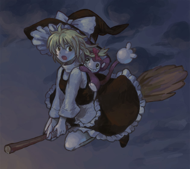 enu (spinal), aipom, kirisame marisa, nintendo, pokemon, touhou, bad id, bad pixiv id, 1girl, :o, blonde hair, broom, broom riding, brown eyes, crossover, gen 2 pokemon, hat, magician's hat, pokemon (creature), witch, witch hat