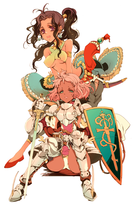endou okito, bard (sekaiju), bard 4 (sekaiju), paladin (sekaiju), paladin 4 (sekaiju), atlus, etrian odyssey, 2girls, armband, armor, bare shoulders, breasts, brown hair, dark-skinned female, dark skin, large breasts, lips, long hair, medium breasts, midriff, multiple girls, panties, pantyshot, pink hair, scabbard, sheath, shield, simple background, sword, underboob, underwear, weapon