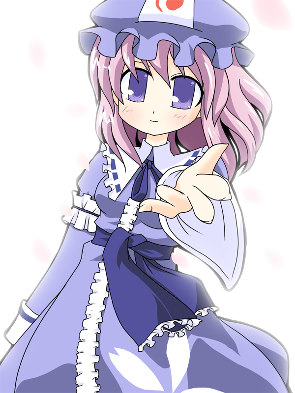 hujikok, saigyouji yuyuko, touhou, bad id, bad pixiv id, 1girl, female focus, hat, japanese clothes, kimono, looking at viewer, outstretched arms, purple hair, short hair, solo