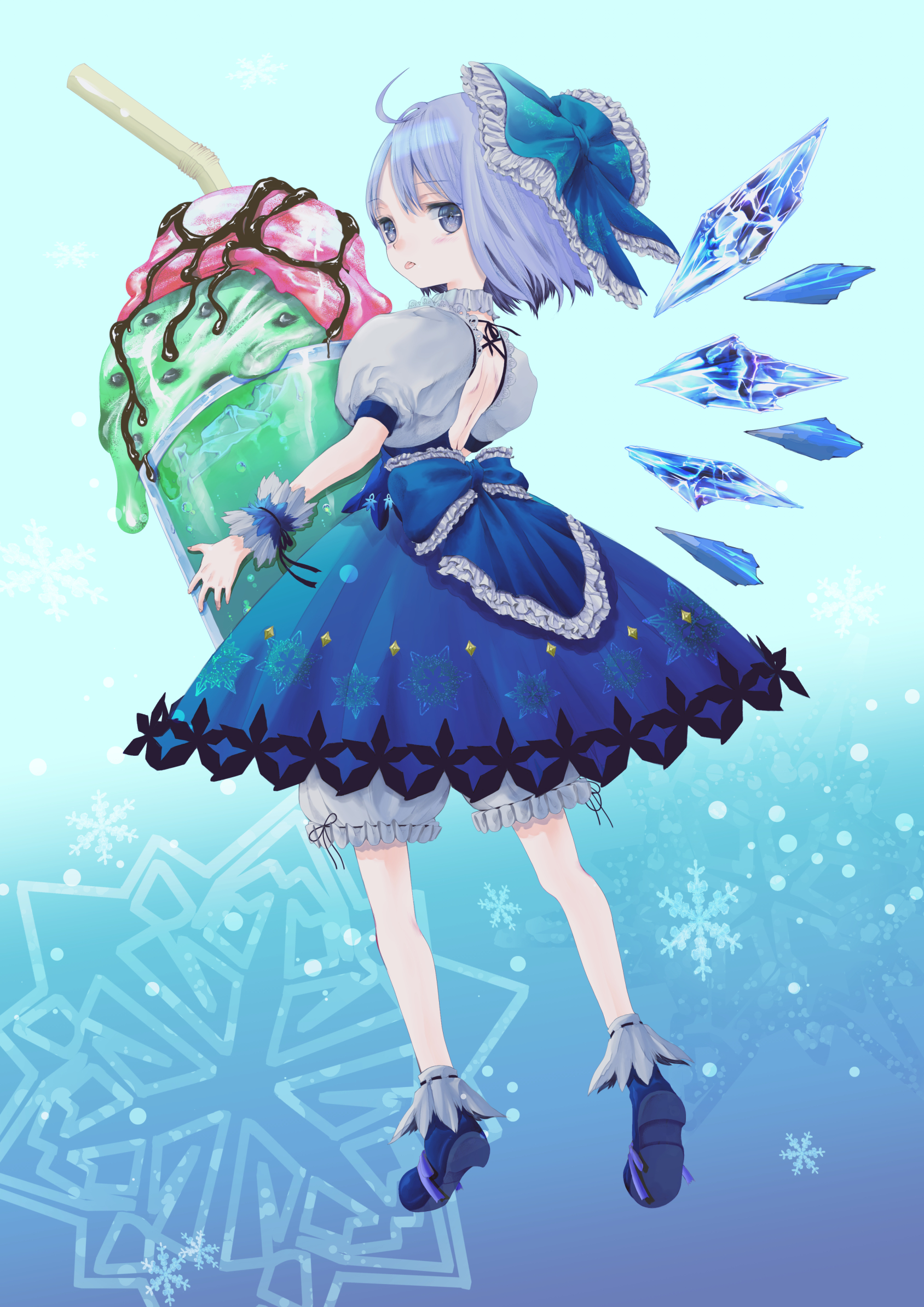 cirno, touhou, commentary request, highres, 1girl, back bow, backless shirt, bendy straw, bloomers, blue background, blue bow, blue eyes, blue hair, blue shirt, blue shoes, blue skirt, blue wings, bow, chocolate syrup, collar, cup, drinking straw, food, frilled bow, frilled collar, frilled wrist cuffs, frills, from behind, gradient background, hair bow, holding, holding cup, holding food, holding ice cream, ice, ice cream, ice cream cup, ice wings, light blush, looking at viewer, looking back, medium hair, mint chocolate, puffy short sleeves, puffy sleeves, shirt, shoe soles, shoes, short sleeves, skirt, snowflake background, snowflake print, solo, tongue, tongue out, underwear, white bloomers, white sleeves, wings, wrist cuffs, zuoteng15600
