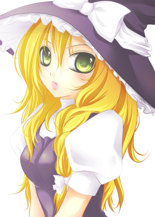 mikazuki sara, kirisame marisa, touhou, bad id, bad pixiv id, 1girl, blonde hair, braid, breasts, female focus, green eyes, hat, lips, magician's hat, solo, upper body, white background, witch, witch hat