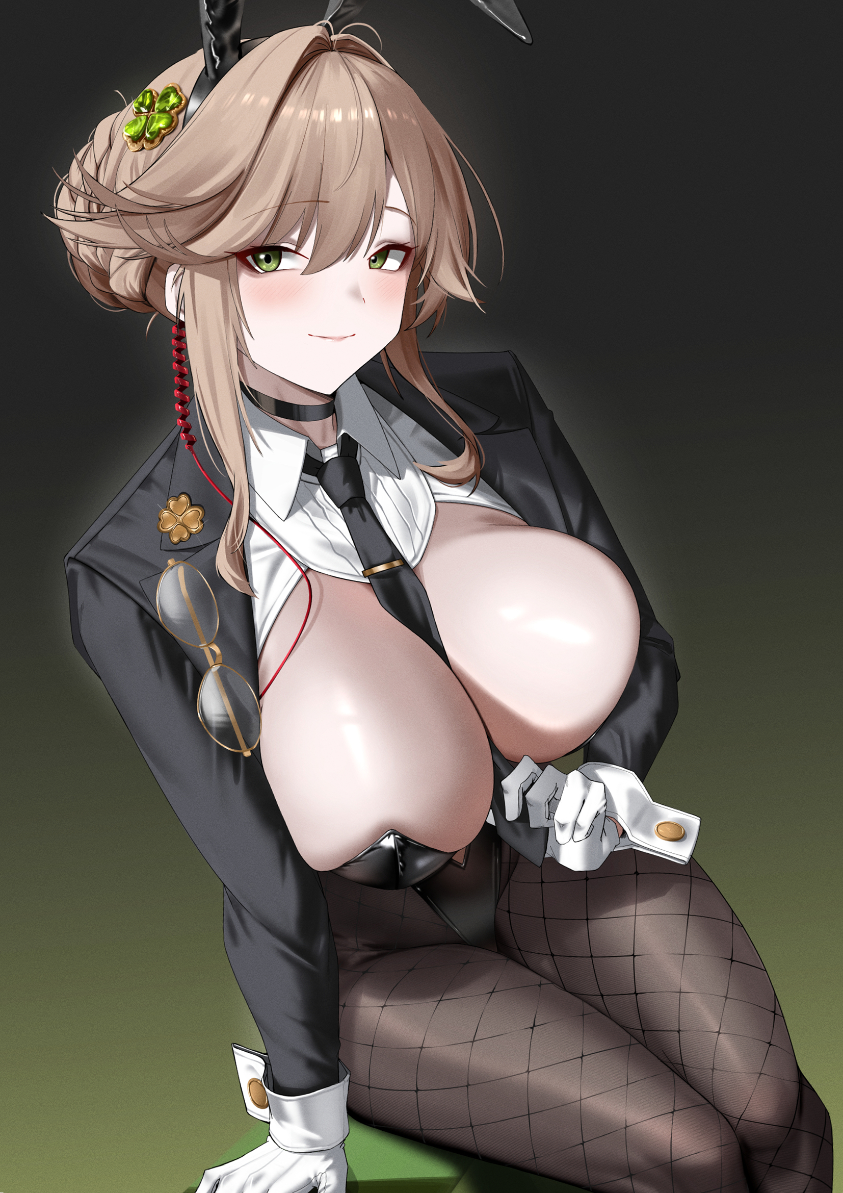 cliov, ade (agent bunny) (nikke), ade (nikke), goddess of victory: nikke, highres, 1girl, animal ear hairband, animal ears, between breasts, black background, black choker, black necktie, blonde hair, breasts, choker, cleavage, closed mouth, eyewear hang, fake animal ears, fishnet pantyhose, fishnets, gloves, green eyes, hair ornament, hairband, large breasts, leotard, necktie, necktie between breasts, official alternate costume, pantyhose, playboy bunny, rabbit ear hairband, rabbit ears, simple background, smile, solo, unworn eyewear, white gloves, wrist cuffs