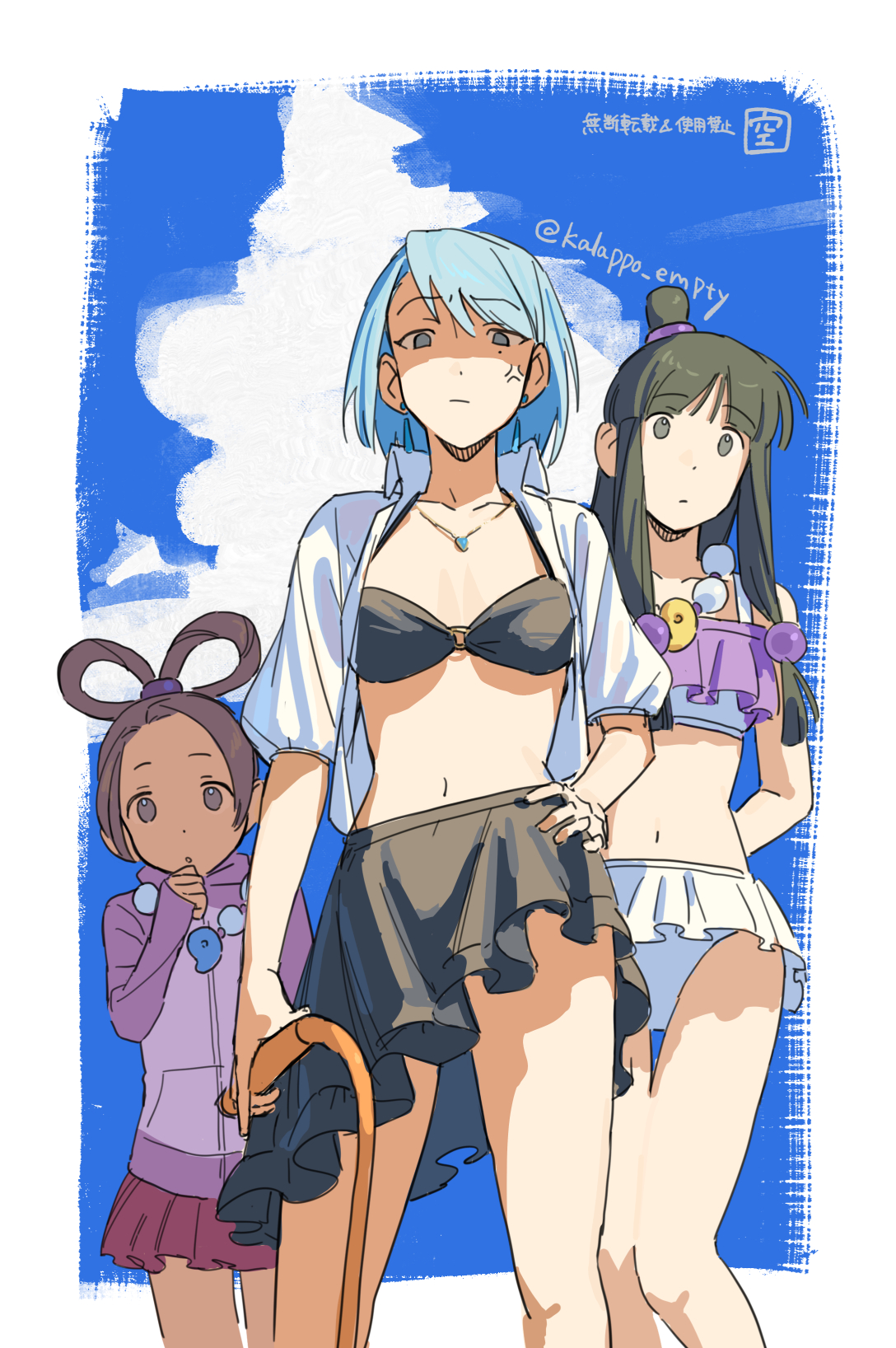 kalappo empty, franziska von karma, maya fey, pearl fey, ace attorney, highres, 3girls, alternate costume, anger vein, bikini, black hair, blue hair, brown hair, hair rings, hand on own hip, holding, holding whip, jacket, long hair, looking at viewer, multiple girls, navel, purple jacket, short hair, skirt, swimsuit, twitter username