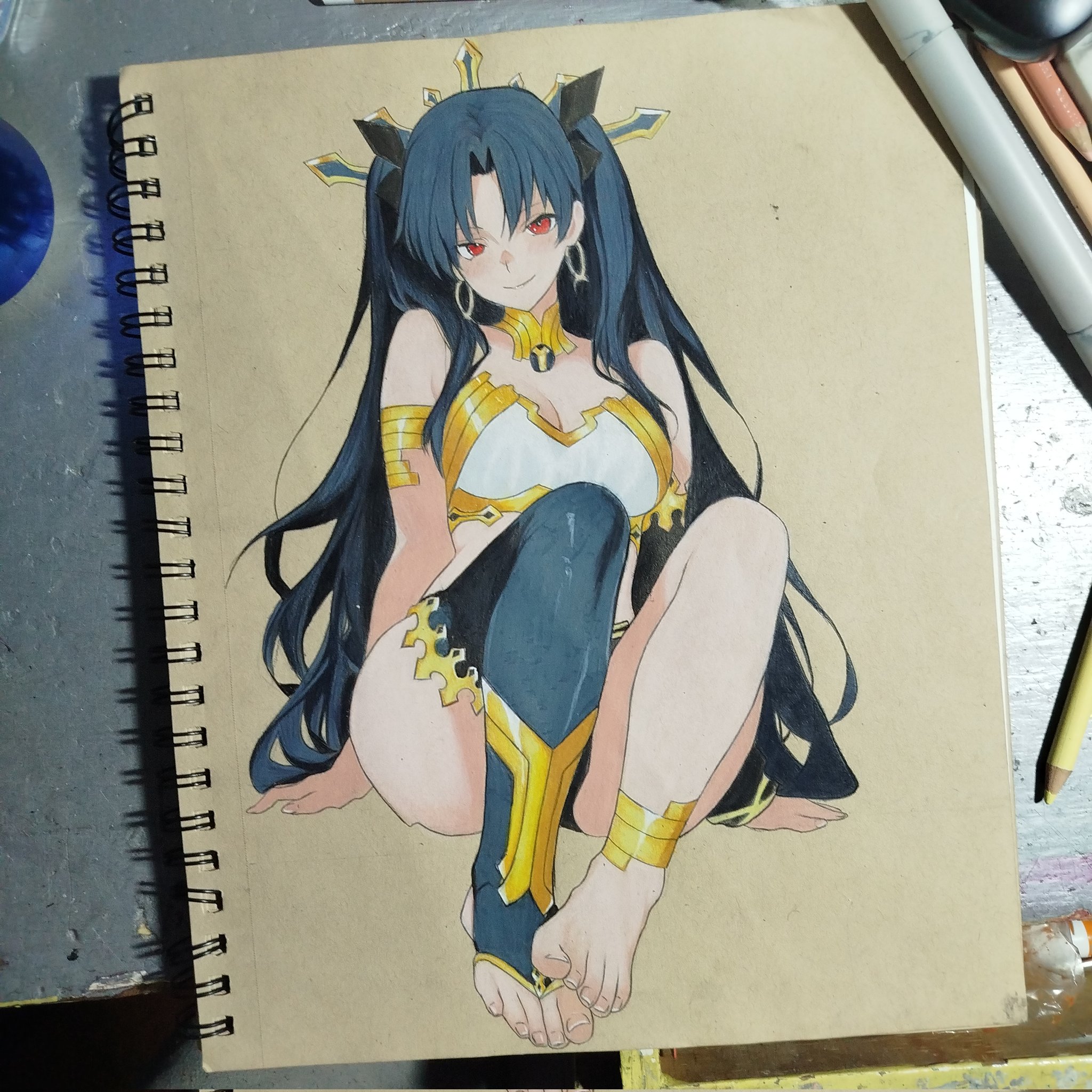 ashwin artss, ishtar (fate), fate/grand order, fate (series), gold armlet, highres, photo (medium), photoshop (medium), traditional media, 1girl, art tools in frame, bare shoulders, barefoot, black hair, blush, breasts, bridal legwear, cleavage, closed mouth, convenient leg, crop top, earrings, feet, full body, gold anklet, gold trim, hair ornament, jewelry, knees up, large breasts, legs, long hair, looking at viewer, no shoes, parted bangs, pencil, red eyes, single bare leg, single thighhigh, sitting, sketch, smile, solo, thighhighs, thighs, toenails, toes, very long hair