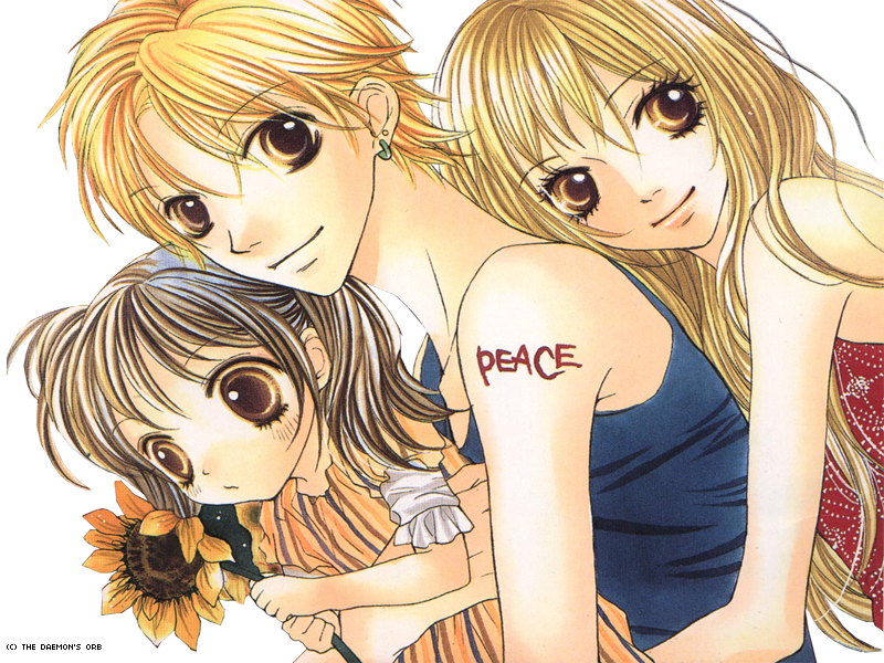 katakura kippei, sakashita yuzuyu, tokunaga kokoro, aishiteruze baby, 00s, blonde hair, brown hair, couple, dress, everyone, flower, long hair, short hair, smile, tattoo, white theme