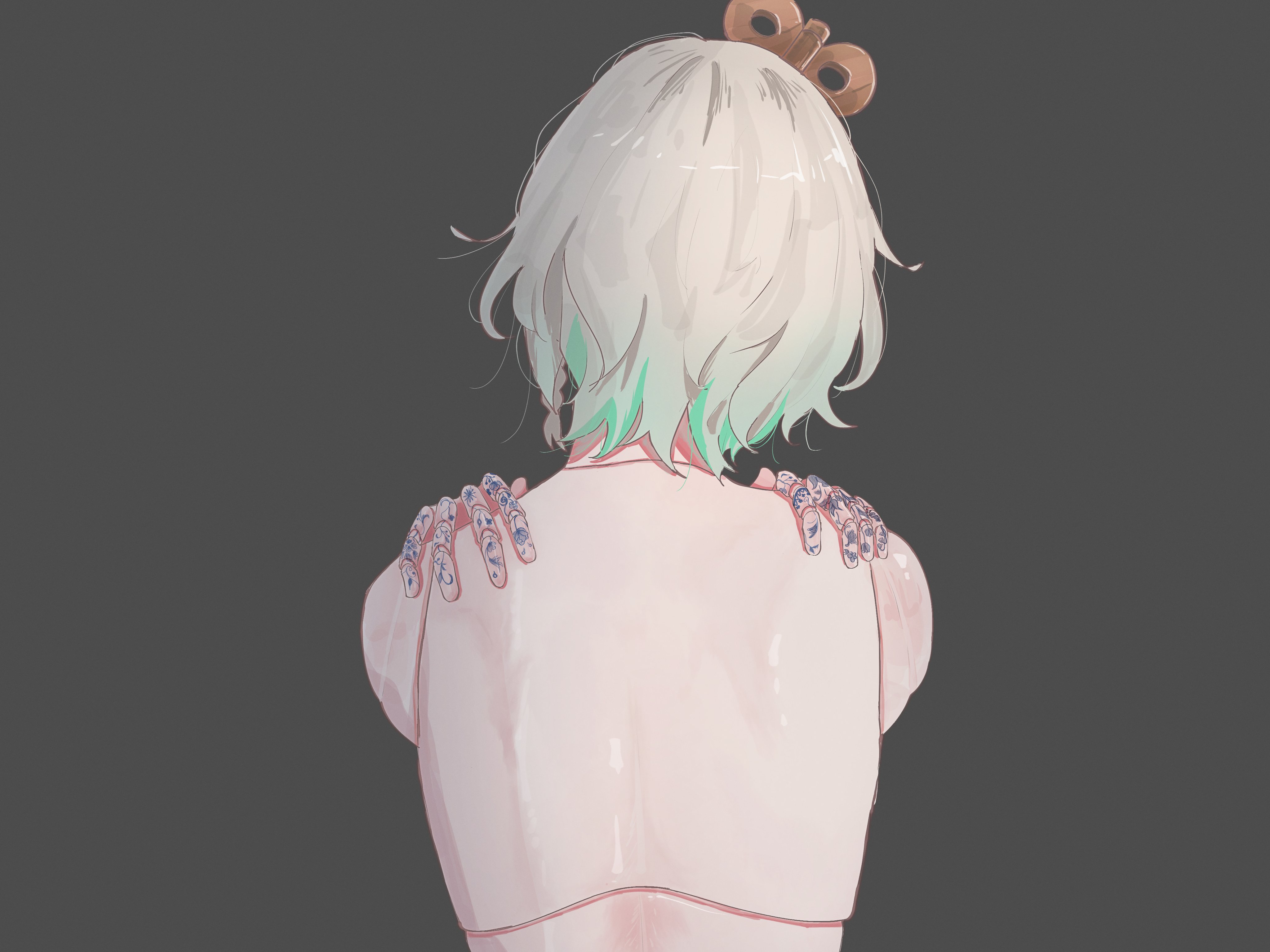 cecilia immergreen, hololive, hololive english, absurdres, commentary, english commentary, highres, 1girl, back, doll joints, from behind, gradient hair, green eyes, green hair, grey background, grey hair, joints, marii (mmmmmarii ), medium hair, multicolored hair, simple background, solo, virtual youtuber, winding key