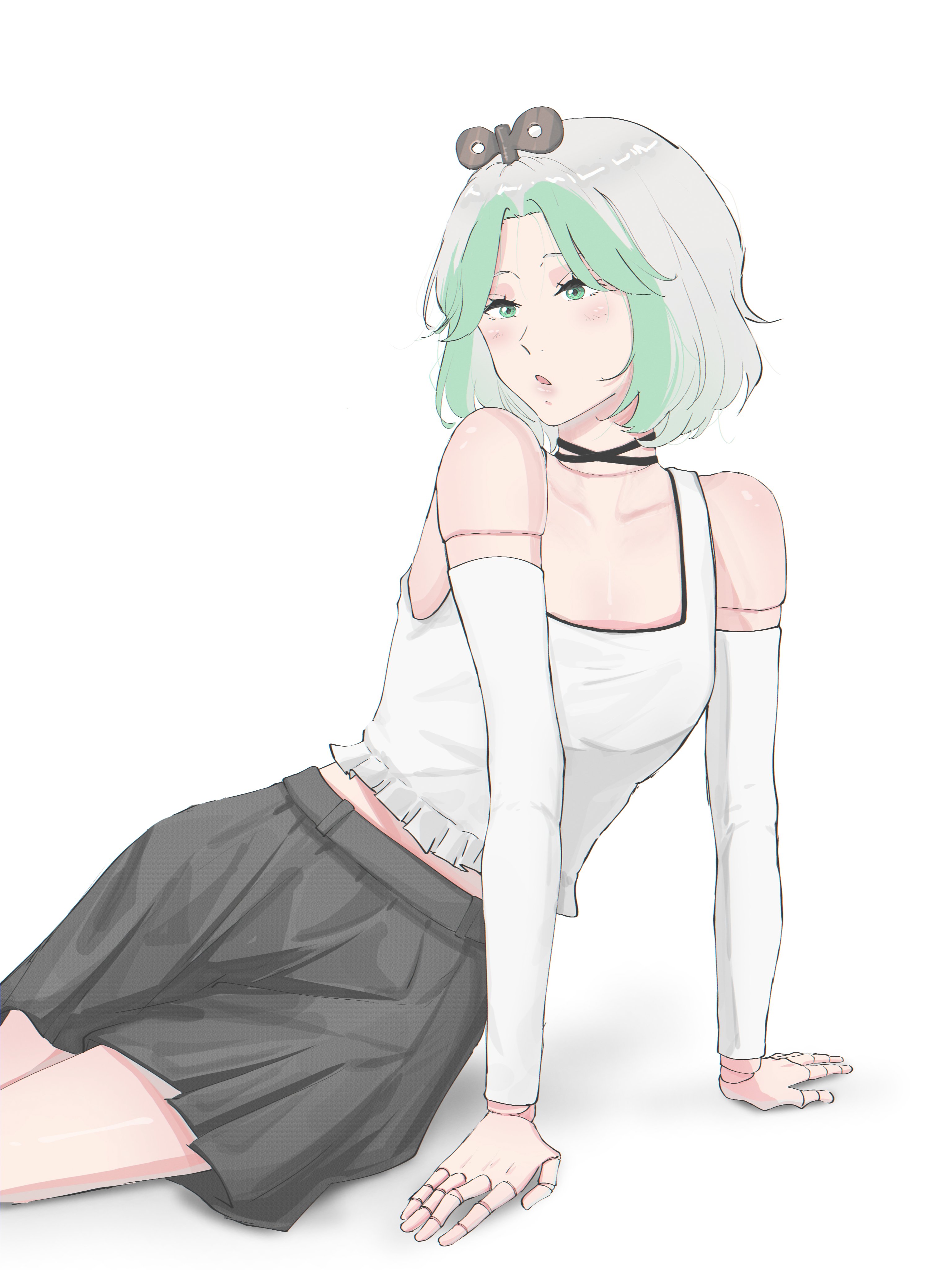 cecilia immergreen, hololive, hololive english, absurdres, highres, 1girl, alternate costume, arm support, black skirt, detached sleeves, doll joints, gradient hair, green eyes, green hair, grey hair, joints, marii (mmmmmarii ), medium hair, multicolored hair, open mouth, shirt, simple background, skirt, solo, virtual youtuber, white background, white shirt, white sleeves, winding key