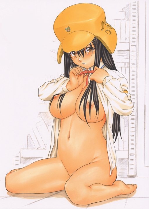 nishitsuki tsutomu, oono kanako, ritsuko kubel kettenkrad, genshiken, kujibiki unbalance, 1girl, breasts, cosplay, dressing, female focus, helmet, large breasts, mole, mole under eye, nipples, nude, open clothes, open shirt, ritsuko kubel kettenkrad (cosplay), shirt, solo