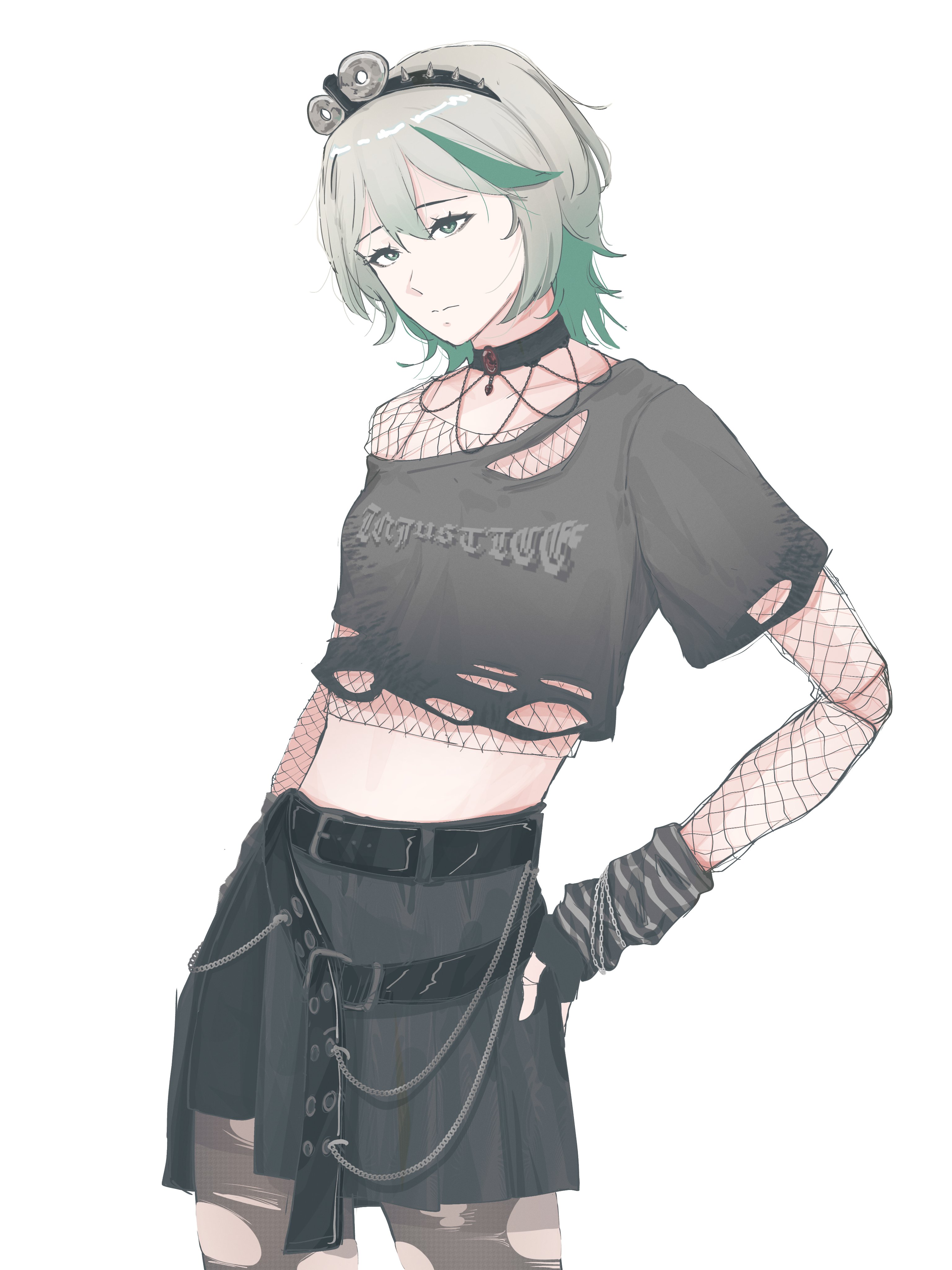 cecilia immergreen, hololive, hololive english, absurdres, commentary, commission, english commentary, highres, 1girl, alternate costume, black arm warmers, black shirt, black skirt, crop top, doll joints, fishnet top, fishnets, gradient hair, green eyes, green hair, grey hair, grey pantyhose, hairband, joints, marii (mmmmmarii ), medium hair, multicolored hair, pantyhose, shirt, simple background, skirt, solo, spiked hairband, spikes, striped arm warmers, torn clothes, torn pantyhose, two-tone hair, virtual youtuber, white background, winding key