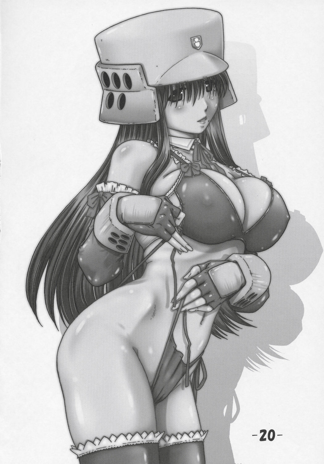 type 90 (daihon'ei), oono kanako, ritsuko kubel kettenkrad, genshiken, kujibiki unbalance, highres, breasts, cosplay, greyscale, large breasts, lingerie, mole, mole under eye, monochrome, panties, ritsuko kubel kettenkrad (cosplay), side-tie panties, solo, thighhighs, underwear, undressing