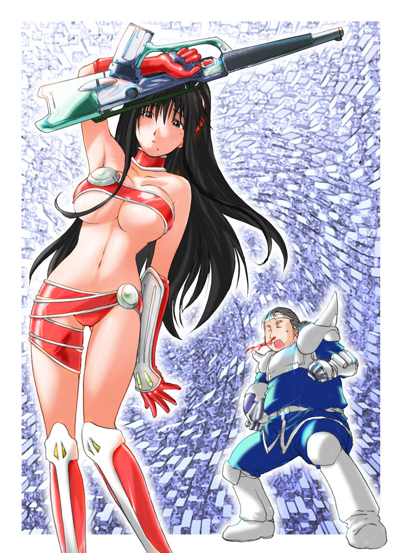kon-kit, oono kanako, tanaka souichirou, genshiken, 1boy, 1girl, armor, armpits, assault rifle, black eyes, black hair, blood, boots, breasts, bullpup, choker, cosplay, couple, elbow gloves, energy gun, gloves, gun, helmet, large breasts, long hair, mole, mole under eye, mole under mouth, nosebleed, otaku, rifle, science fiction, sweat, underboob, weapon