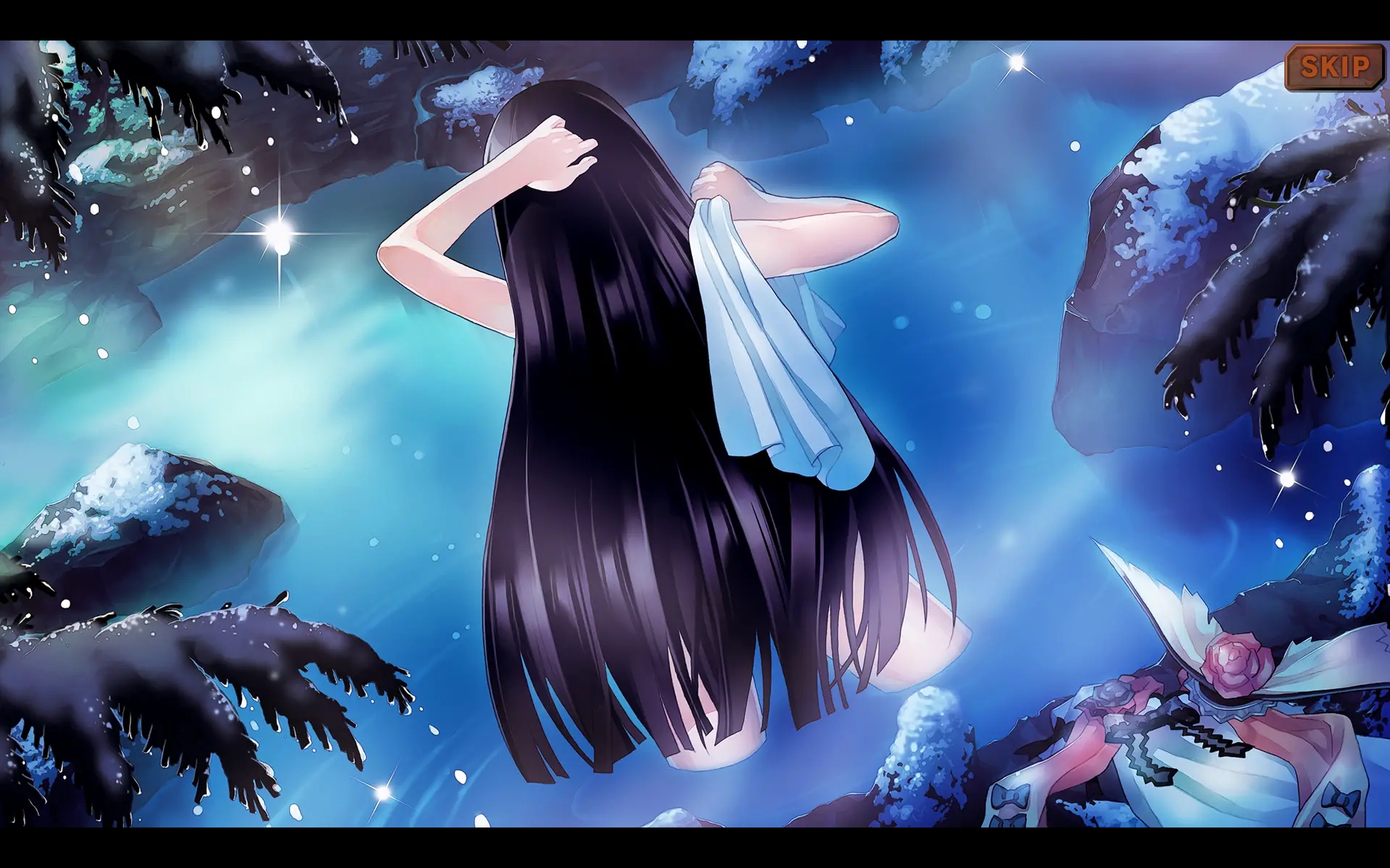 eater, blaze union, game cg, 1boy, bathing, black hair, facing away, long hair, night, nude, onsen, snow, straight hair