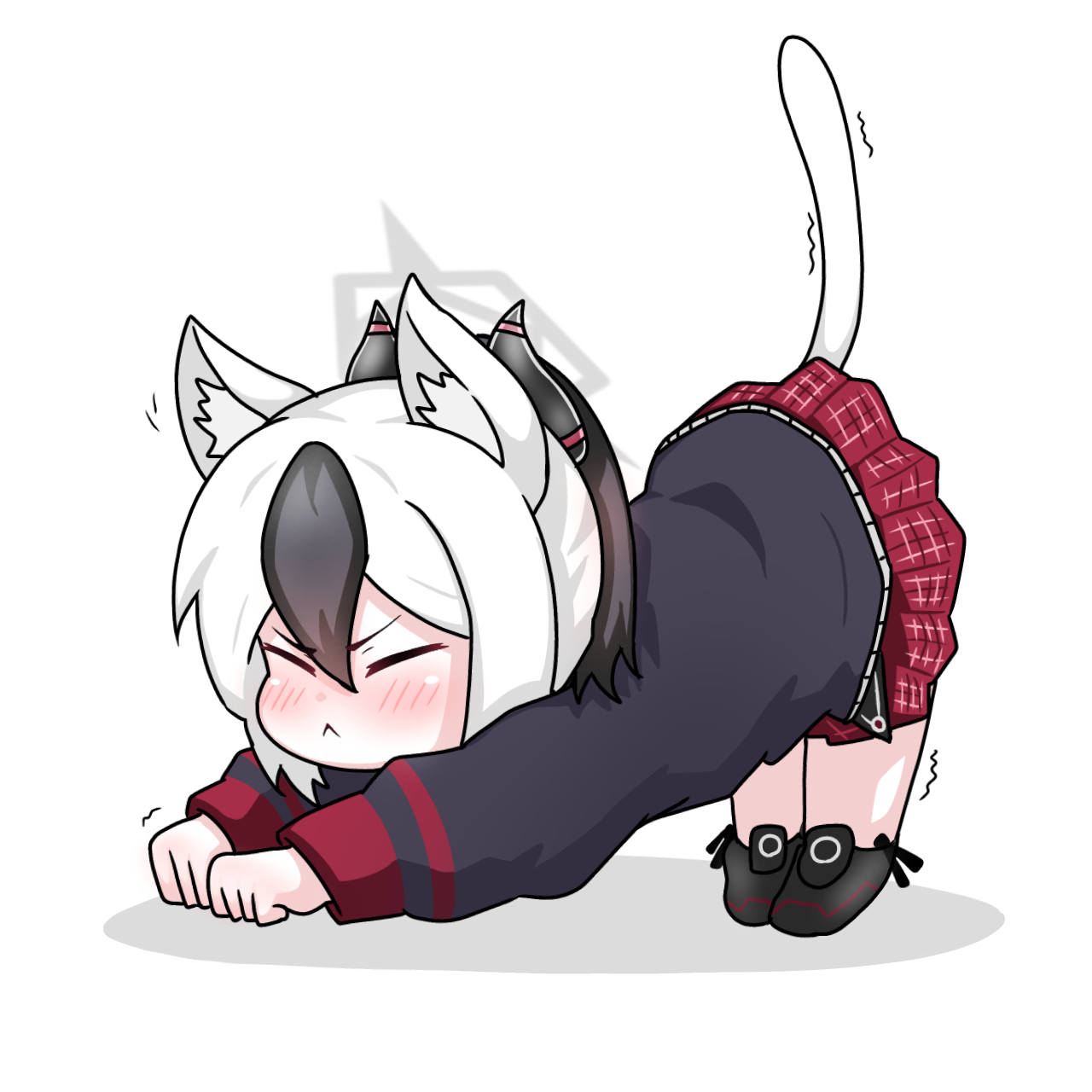 tomimon, kayoko (blue archive), blue archive, commentary request, highres, 1girl, :<, animal ear fluff, animal ears, black hair, black shirt, black shoes, cat ears, cat girl, cat stretch, cat tail, chibi, closed eyes, closed mouth, full body, halo, horns, kemonomimi mode, long sleeves, multicolored hair, plaid clothes, plaid skirt, pleated skirt, ponytail, puffy long sleeves, puffy sleeves, red skirt, shadow, shirt, shoes, simple background, skirt, sleeves past wrists, solo, stretching, tail, trembling, two-tone hair, v-shaped eyebrows, white background, white hair
