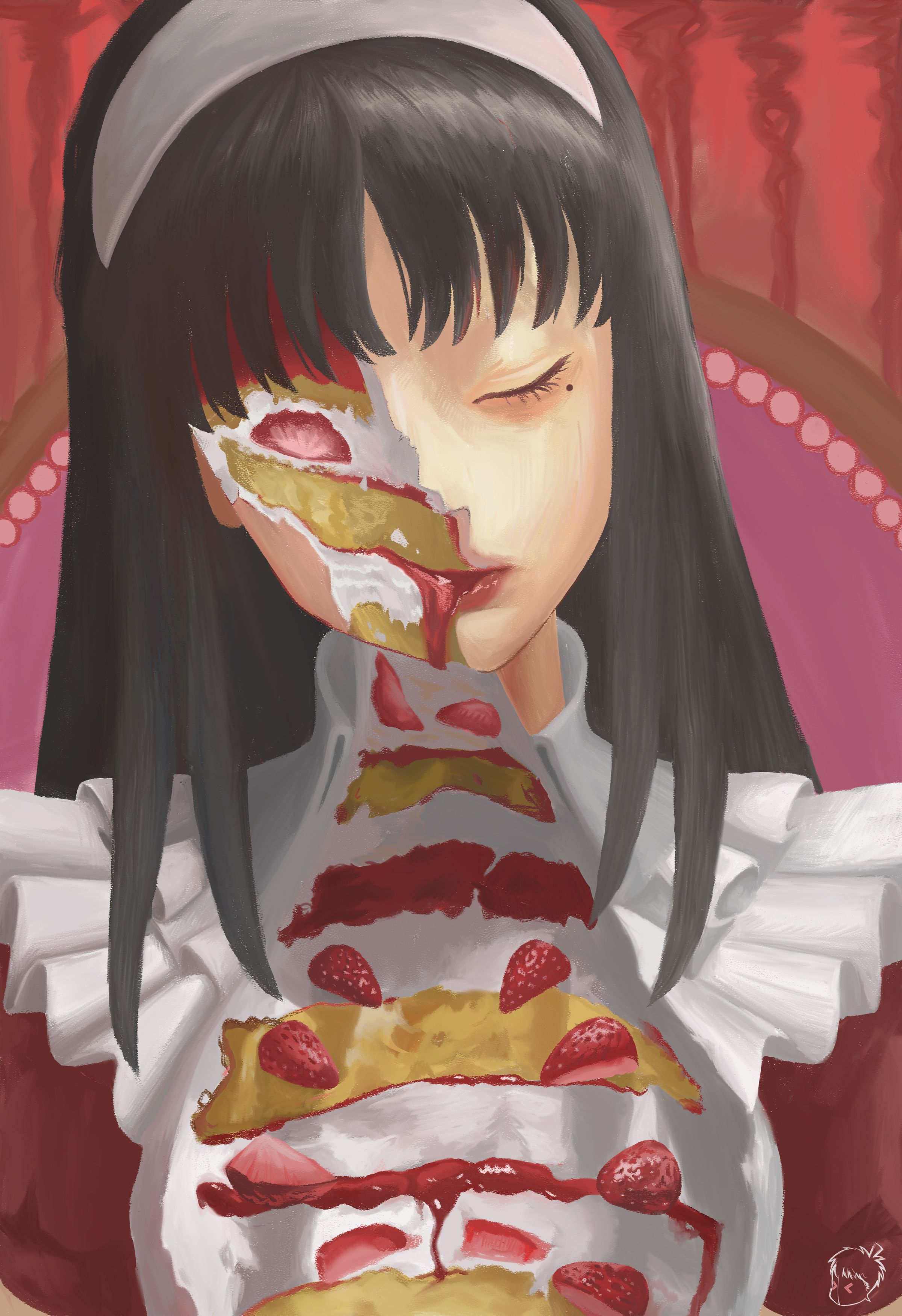 kawakami tomie, tomie, absurdres, commentary request, highres, 1girl, black hair, cake, cake slice, closed eyes, food, fruit, hairband, mole, mole under eye, solo, strawberry, strawberry cake, xm 3141