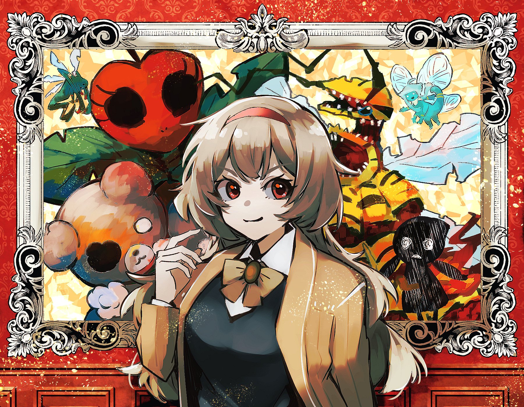 nakame77, happy teddy bear, malkuth (project moon), queen bee (project moon), scorched girl, snow white's apple, library of ruina, project moon, highres, 1girl, border, bow, bowtie, brown bow, brown bowtie, brown coat, brown eyes, brown hair, coat, collared shirt, fairy, fairy festival, fire, hairband, long hair, looking at viewer, picture frame, red border, red hairband, shirt, simple background, smile, solo, stuffed animal, stuffed toy, teddy bear, upper body, white shirt