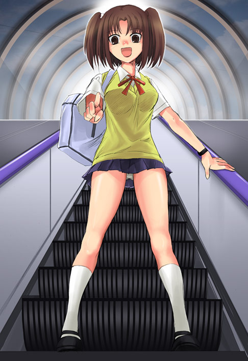 yumizuka satsuki, tsukihime, 00s, bag, escalator, panties, pantyshot, pointing, school uniform, serafuku, solo, twintails, two side up, underwear, wristband