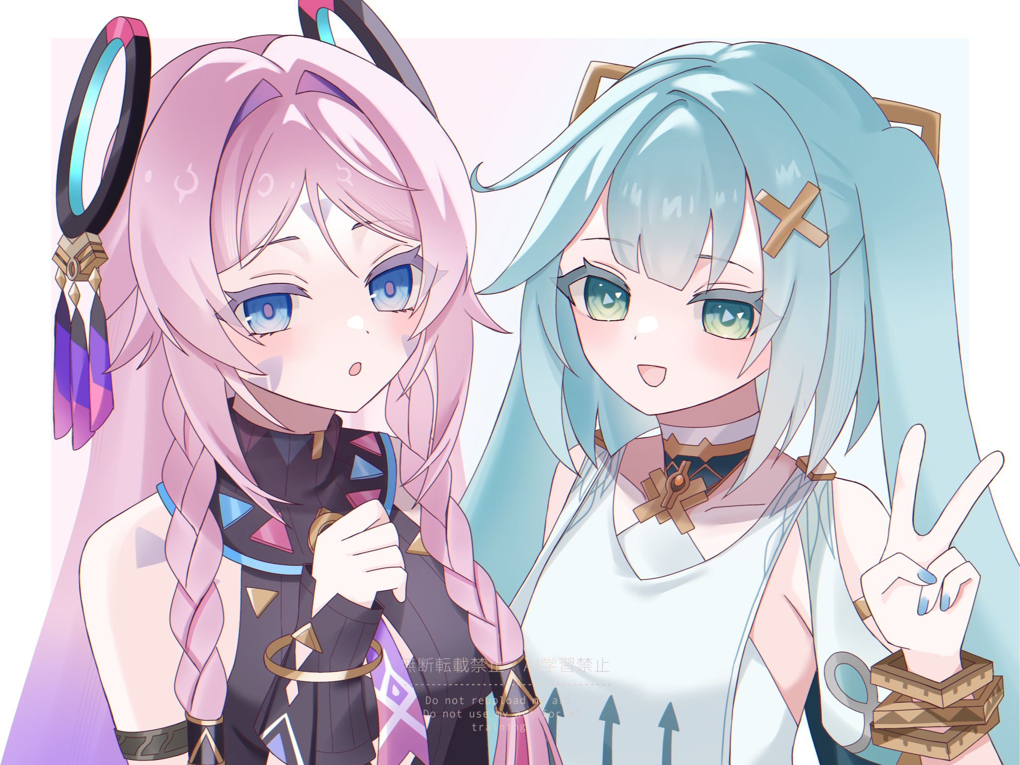 kino (curry pan), citlali (genshin impact), faruzan (genshin impact), genshin impact, commentary request, highres, revision, 2girls, :d, :o, aqua hair, aqua nails, aqua pupils, bare shoulders, blue eyes, braid, breasts, cowlick, facial mark, fingernails, forehead mark, green eyes, hair ornament, hand up, long hair, looking at viewer, medium breasts, multicolored hair, multiple girls, nail polish, open mouth, pink hair, pink pupils, purple hair, simple background, sleeveless, smile, symbol-shaped pupils, teeth, triangle-shaped pupils, twitter username, upper teeth only, v, very long hair, white background, x hair ornament